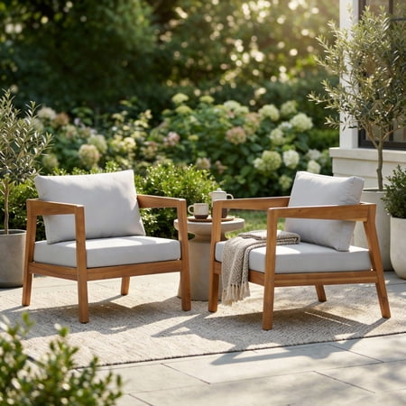 Christopher Knight Home 25"H Acacia Wood Outdoor Patio Lounge Chair, Teak Finish+Light Gray Cushion, Set of 2