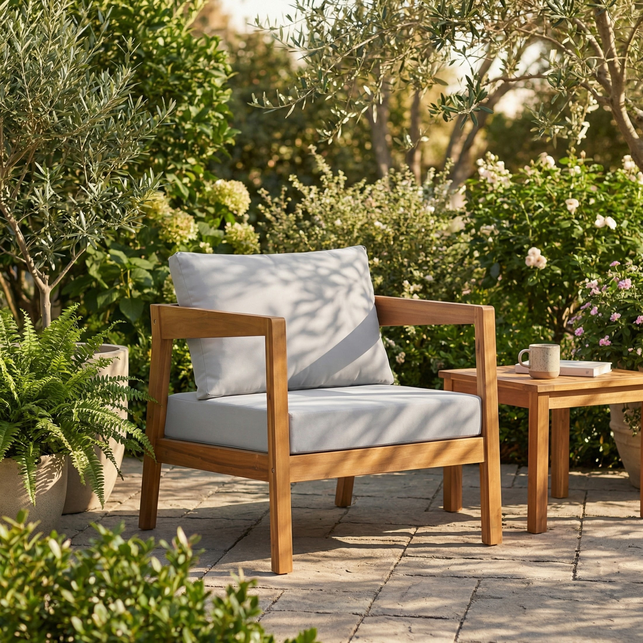 Christopher Knight Home 25"H Acacia Wood Outdoor Patio Lounge Chair, Teak Finish+Light Gray Cushion