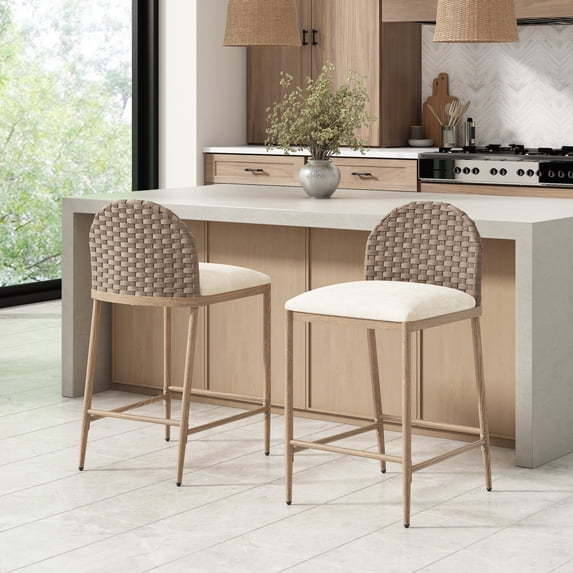 Christopher Knight Home 25"H Farmhouse Upholstered Bar Stools, Iron Frame with Rattan Back, Brown+Beige, Set of 2