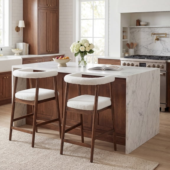 Christopher Knight Home 24.5" Seat Height Bar Stools with Back, Upholstered Counter Stools for Kitchen Island, Walnut, Set of 2