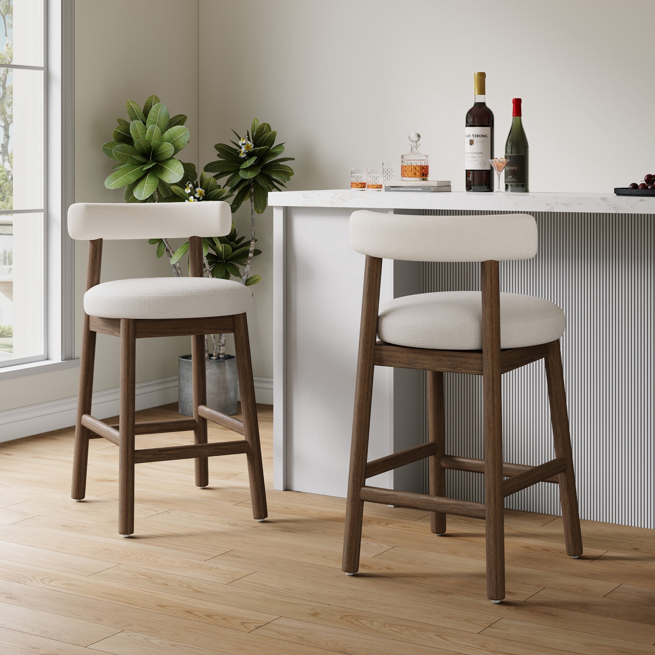 Christopher Knight Home Minimalist 26.77" Counter Height Bar Stools, Solid Wood Frame, Walnut, Set of 2