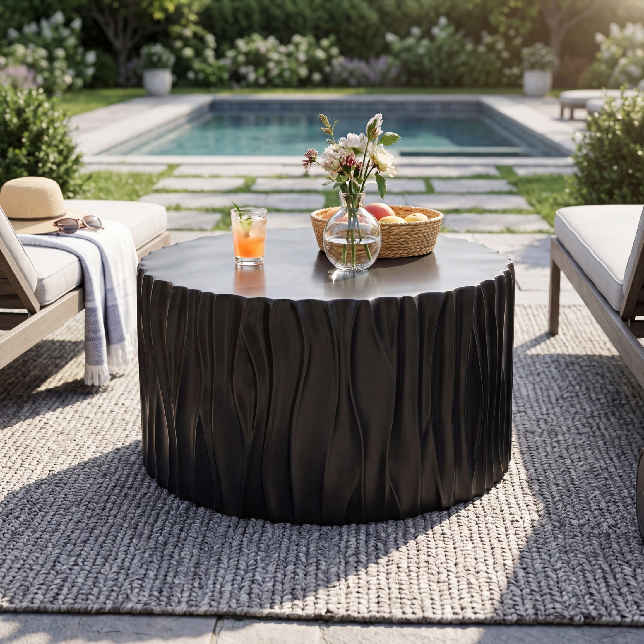 Christopher Knight Home 26.77" Round Outdoor/Indoor Coffee Table, Wavy Fluted MGO Design, Black