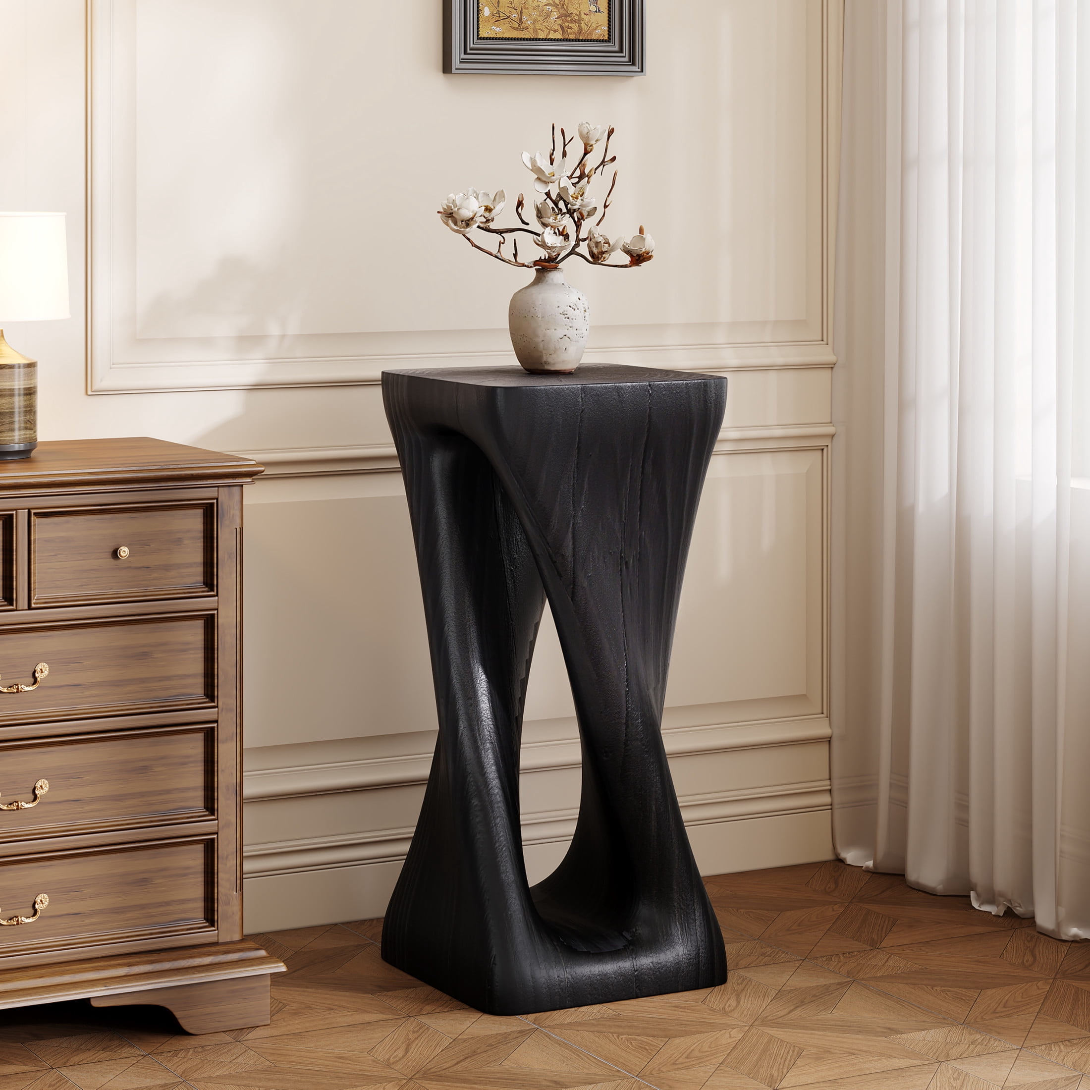 Christopher Knight Home 26.8" Natural Wood Twist Shape Design MGO Outdoor Side Table, Black