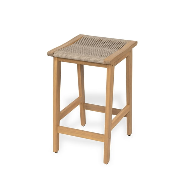 Christopher Knight Home 26" Outdoor Counter Stool with Beige Rope Woven Seat and Footrest, Teak Finish, Set of 2
