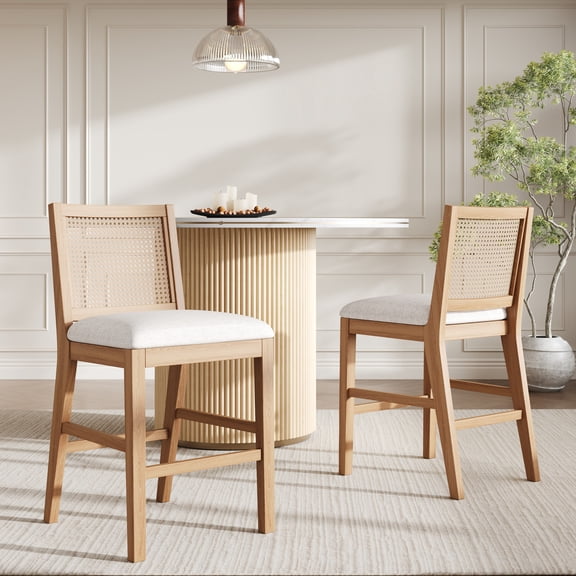 Christopher Knight Home 26" Seat Height Rattan Counter Stools, Natural Wood Frame, Gray Cushion, Set of 2