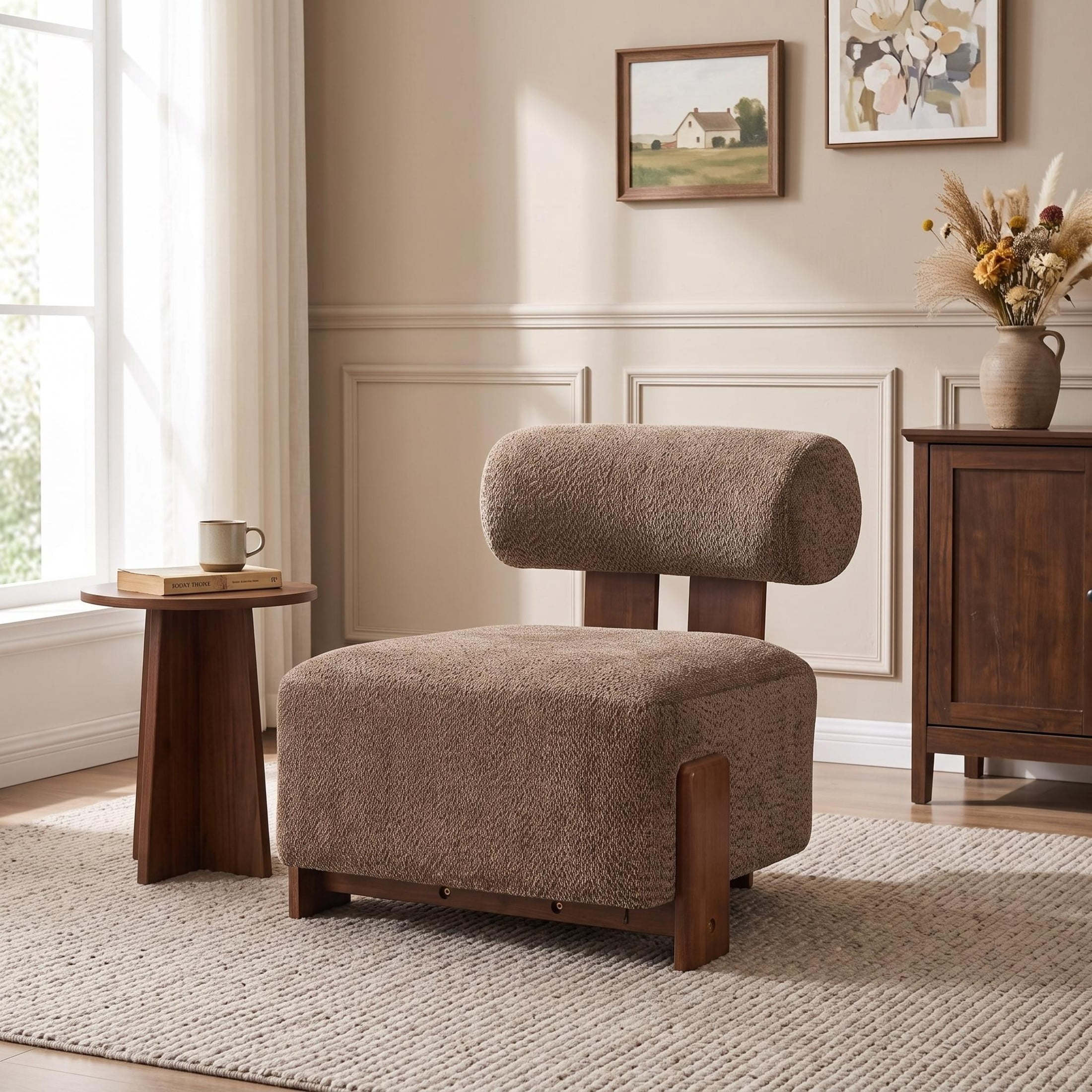 Christopher Knight Home 27.25" Modern Boucle Accent Chair with Rolled Backrest, Solid Wood Frame, Brown