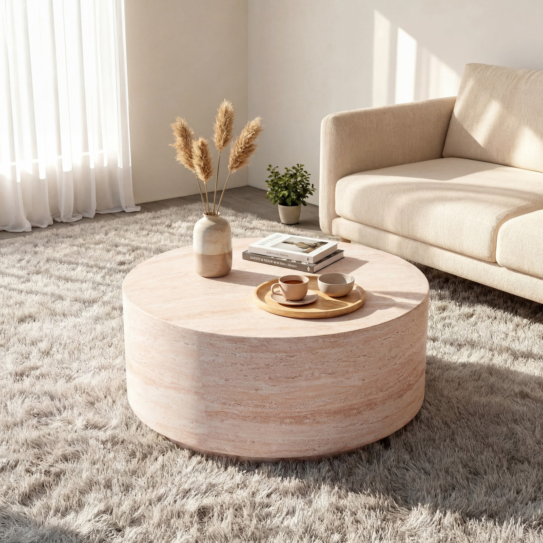 Christopher Knight Home 27.5" Round Coffee Table, MGO Travertine Indoor Outdoor Accent Table, Natural