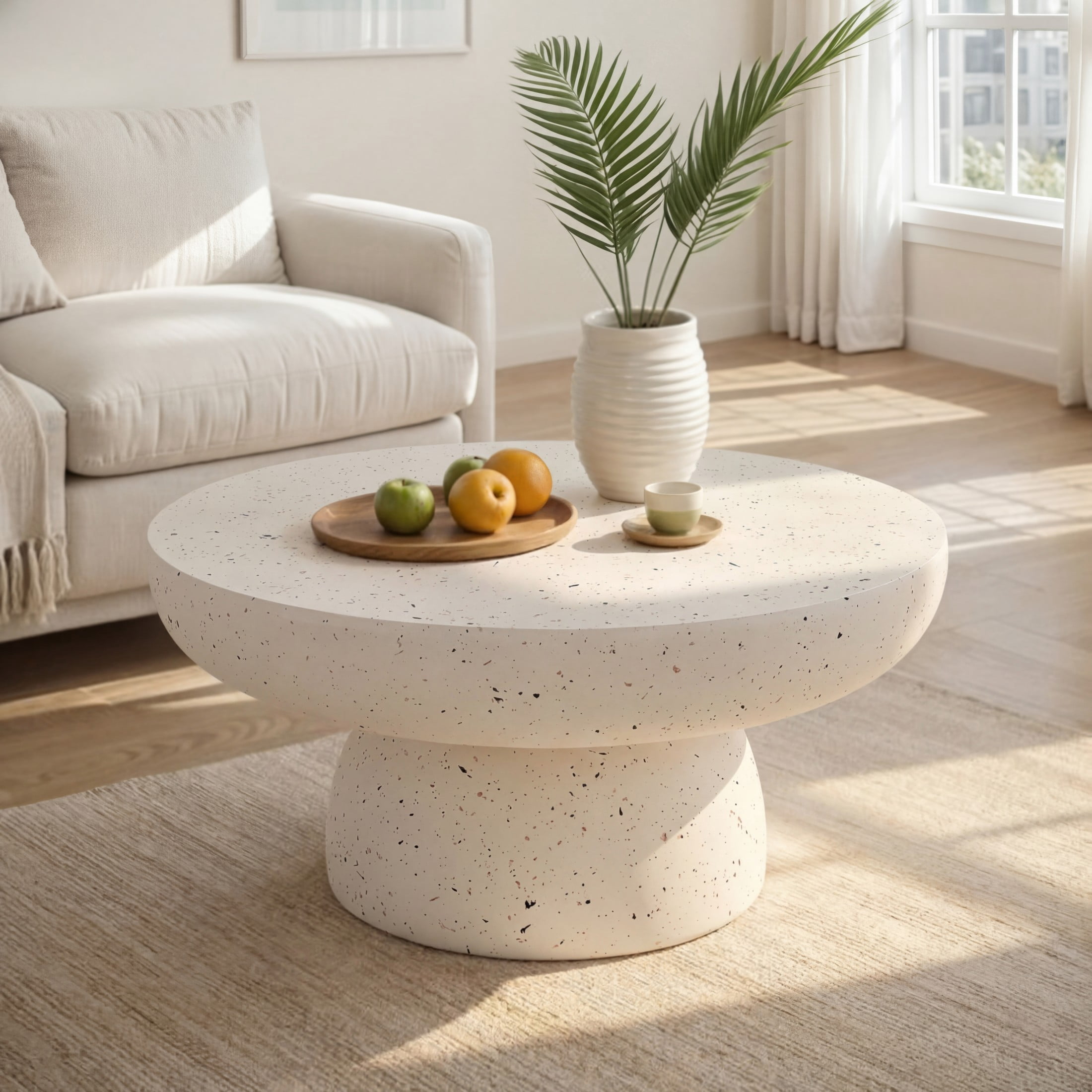 Christopher Knight Home 27.5" Round MGO Coffee Table, Indoor/Outdoor Modern Accent Table, Terrazzo White Finish