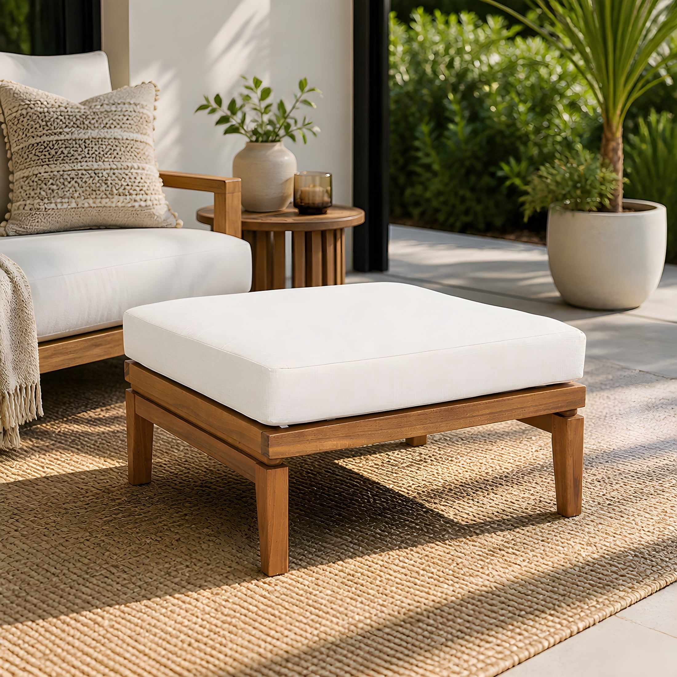 Christopher Knight Home 27.56" Acacia Wood Outdoor Ottoman with Water Repellent Cushion, Teak+Beige