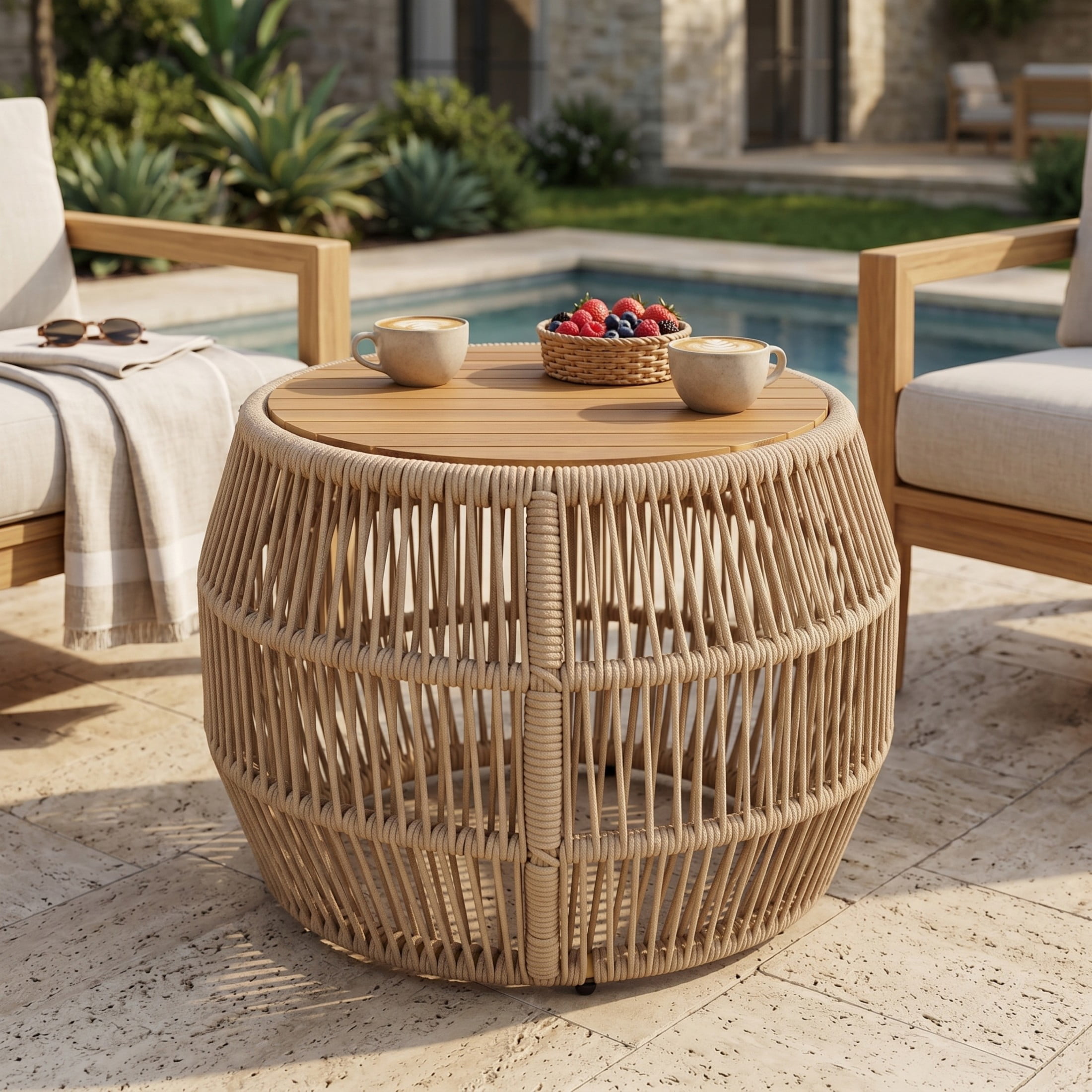 Christopher Knight Home 27.6" Coastal Round Wood Side Table with Rope Frame, Weather-Resistant, Light Beige