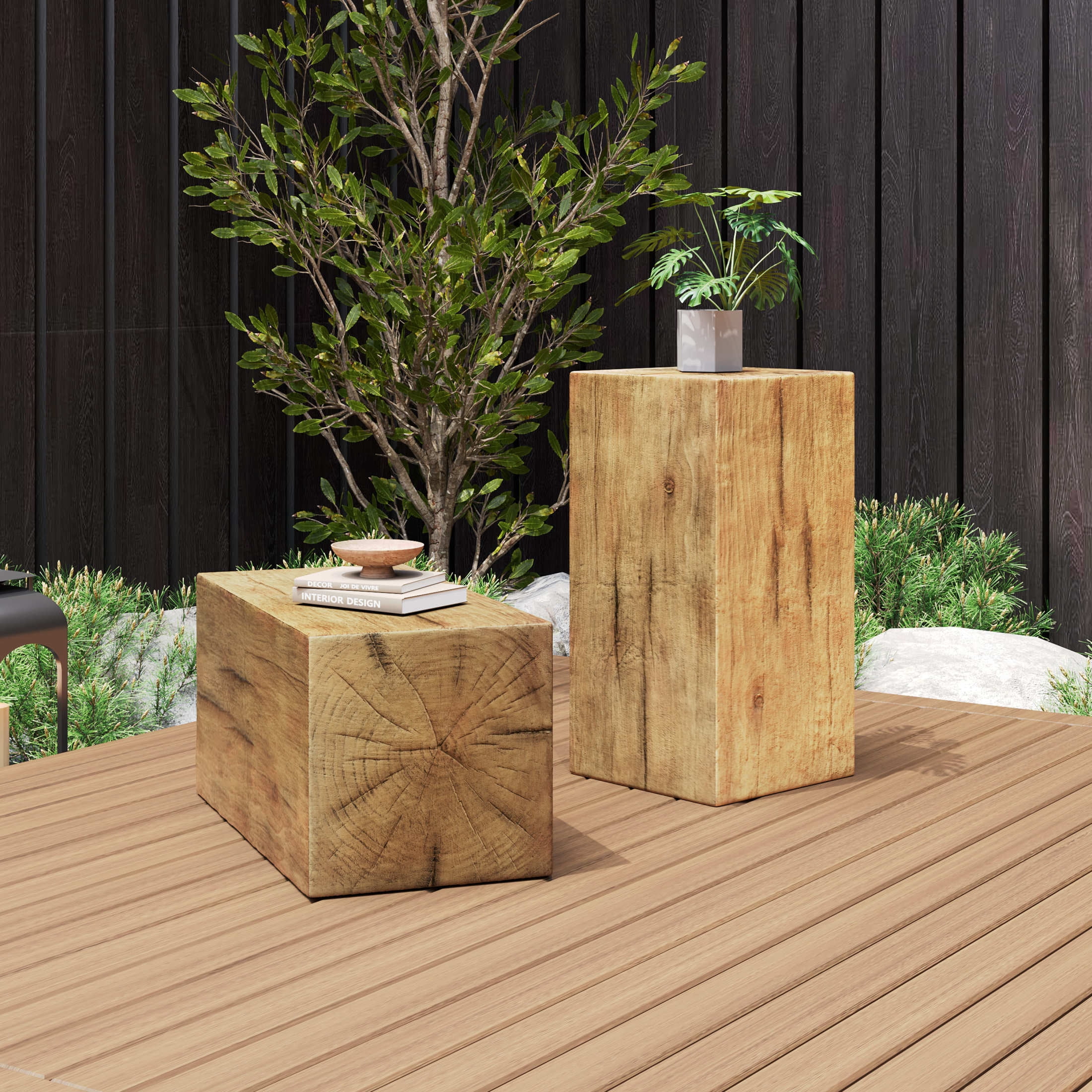 Christopher Knight Home 27.75" MGO End Table, Wood-Look Square Design, Indoor Outdoor Side Table, Natural Finish, Set of 2