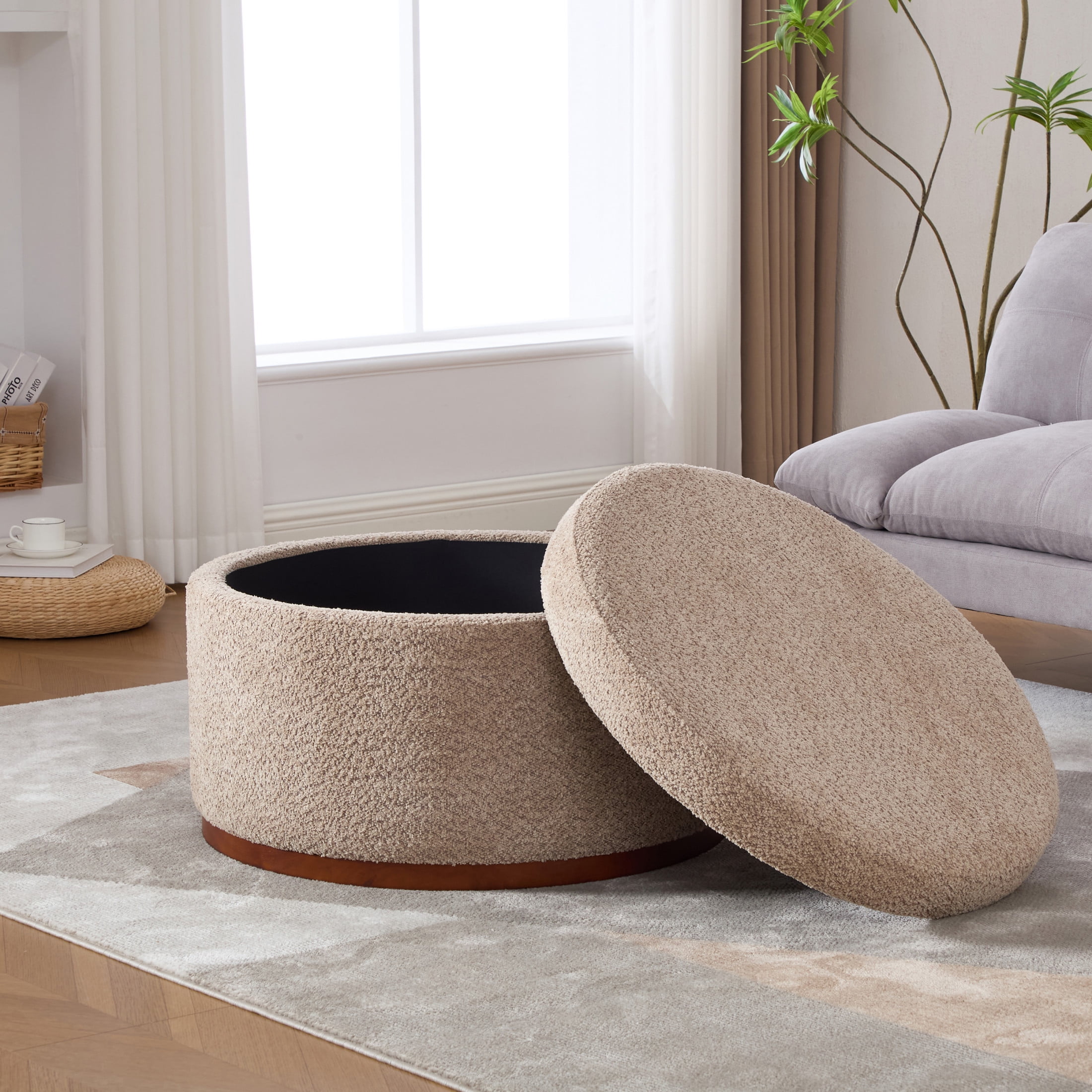 Christopher Knight Home 28.7" Classic Round Storage Ottoman with Chenille Upholstery, Wooden Base, Light Brown