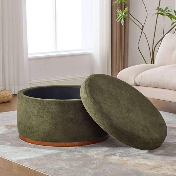 Christopher Knight Home 28.7" Classic Round Storage Ottoman with Chenille Upholstery, Wooden Base, Olive Green