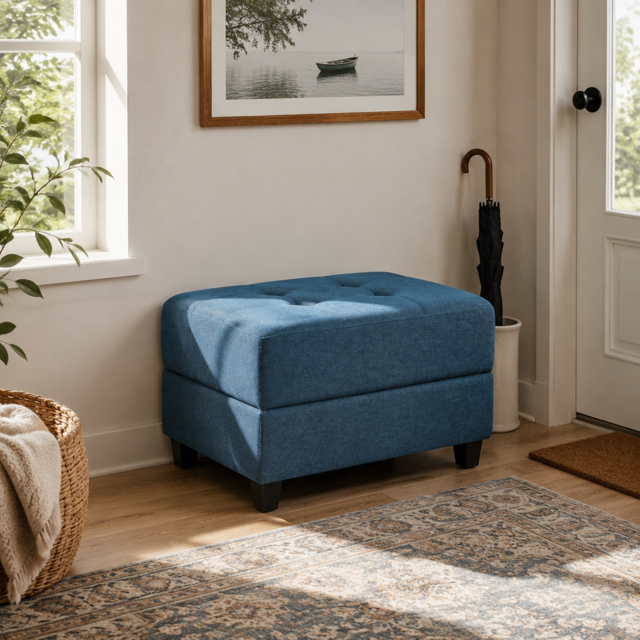 Christopher Knight Home 28.86" Tufted Ottoman, Fabric Upholstered Footrest with Wood Legs, Navy Blue