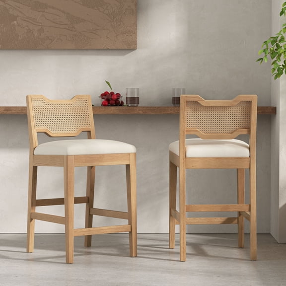 Christopher Knight Home 28" Farmhouse Upholstered Counter Stools with Rattan Back, Beige+Natural, Set of 2