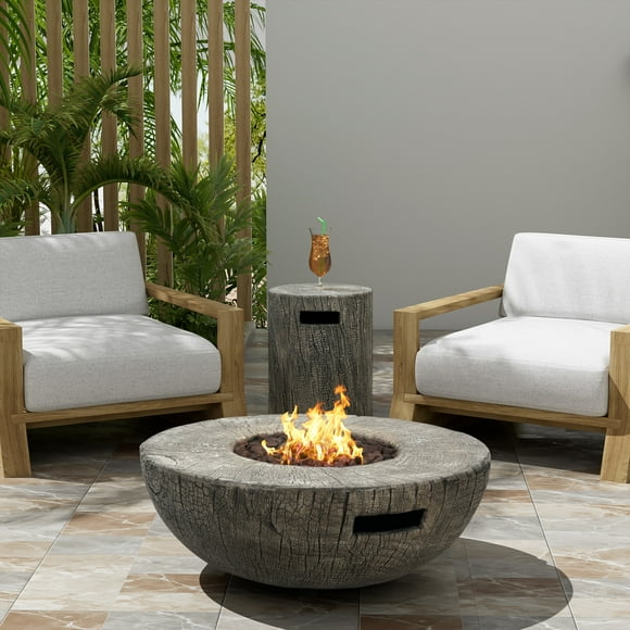 Christopher Knight Home 28" Patio MGO Propane Fire Pit Set, 30,000 BTU Round Heater with Tank Cover, Light Grey