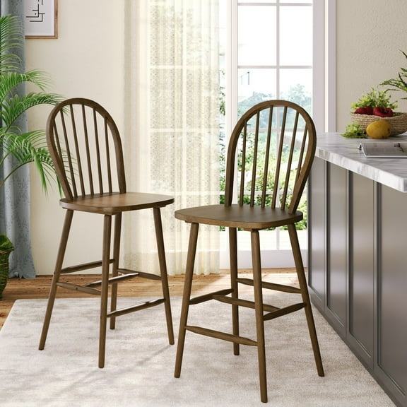 Christopher Knight Home 29.25" Bar Stools with Windsor-Back, Solid Wood Frame, Walnut, Set of 2
