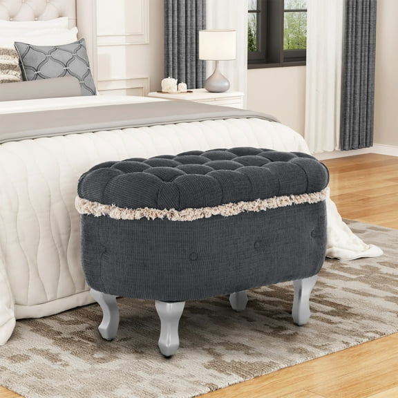 Christopher Knight Home 29.5" Luxury Upholstered Storage Ottoman, Button-Tufted Bench with Fringe, Gray