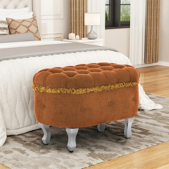 Christopher Knight Home 29.5" Luxury Upholstered Storage Ottoman, Button-Tufted Bench with Fringe, Orange