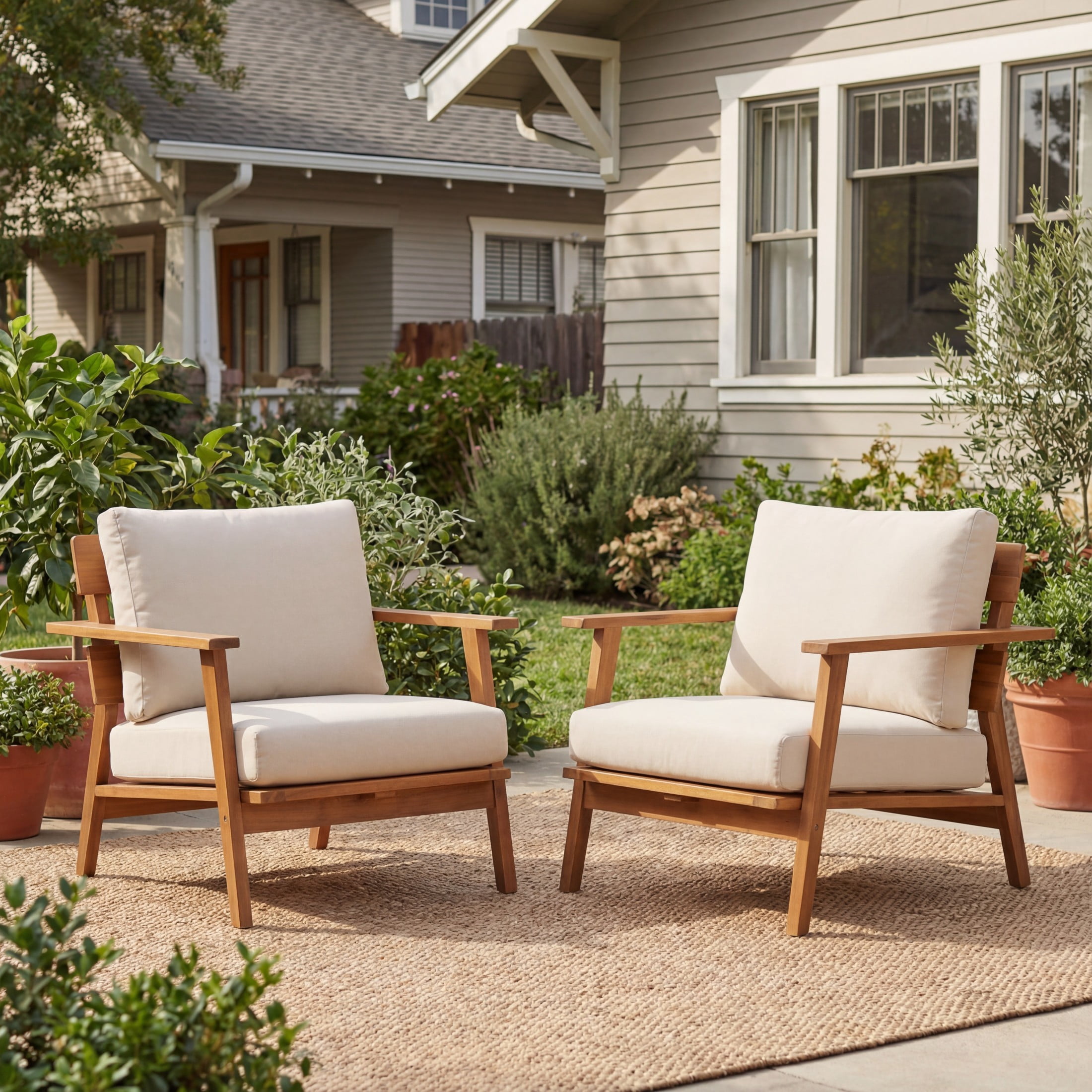 Christopher Knight Home 29.5" Mid-Century Outdoor Acacia Wood Club Chair with Cushions, Teak+Beige, Set of 2