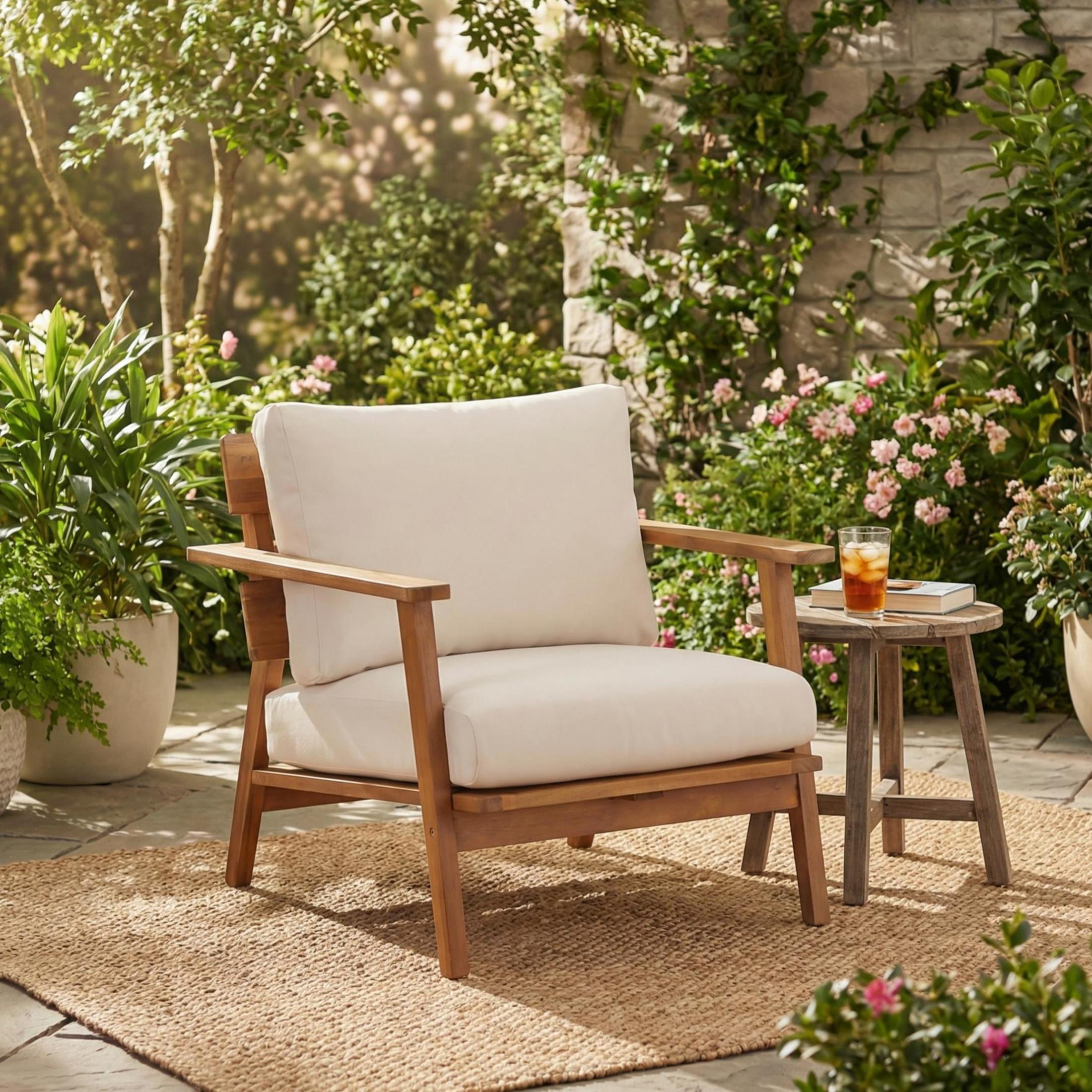 Christopher Knight Home 29.5" Mid-Century Outdoor Acacia Wood Club Chair with Cushions, Teak+Beige
