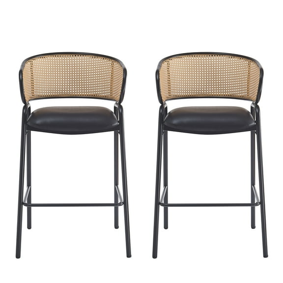 Christopher Knight Home 29.5" PU Upholstered Bar Stool with Woven Rattan Backrest & Iron Frame, Black, Set of 2
