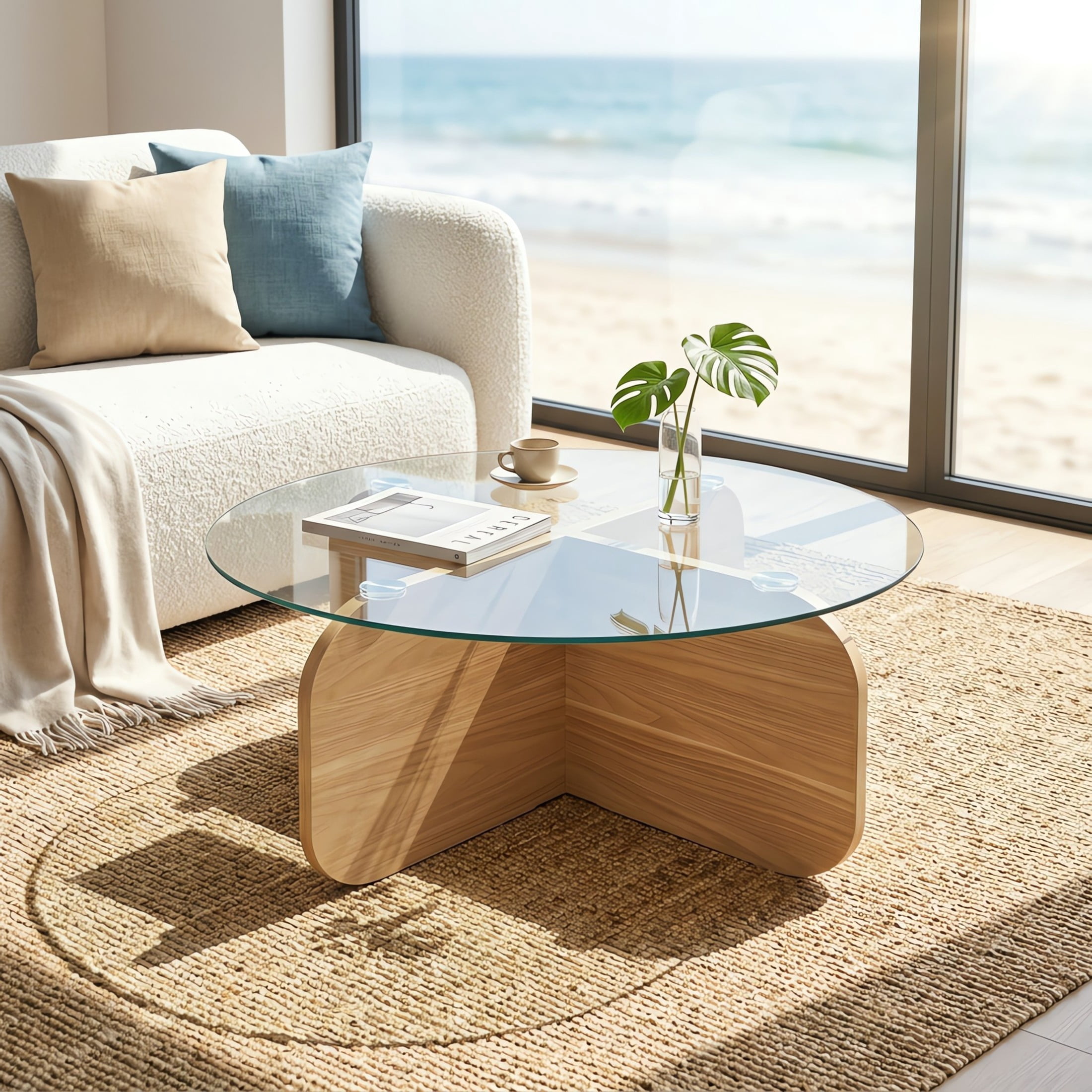 Christopher Knight Home 29.5" Round Coffee Table with Modern Cross Base, Tempered Glass Top, Blonde Oak