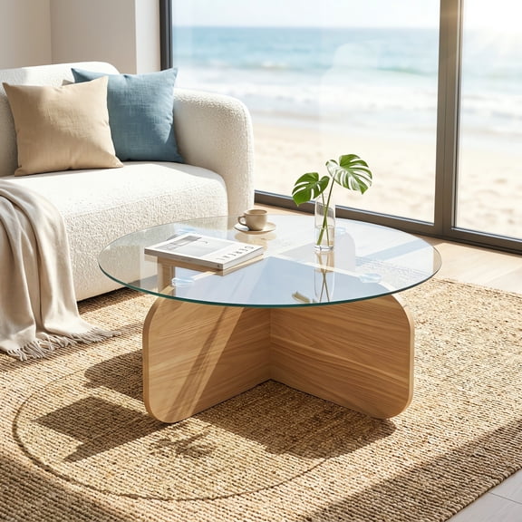 Christopher Knight Home 29.5" Round Coffee Table with Modern Cross Base, Tempered Glass Top, Blonde Oak