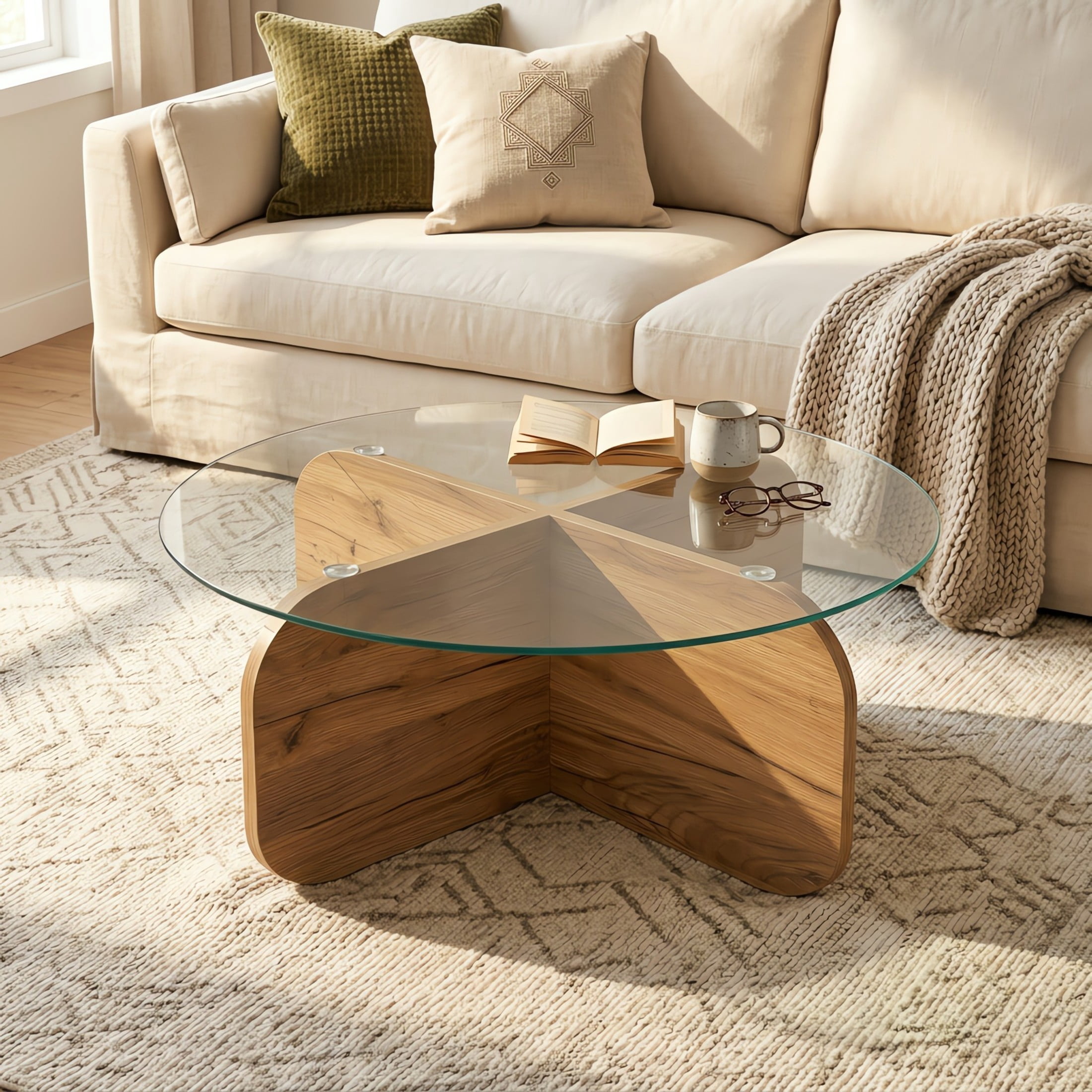 Christopher Knight Home 29.5" Round Coffee Table with Modern Cross Base, Tempered Glass Top, Honey Oak