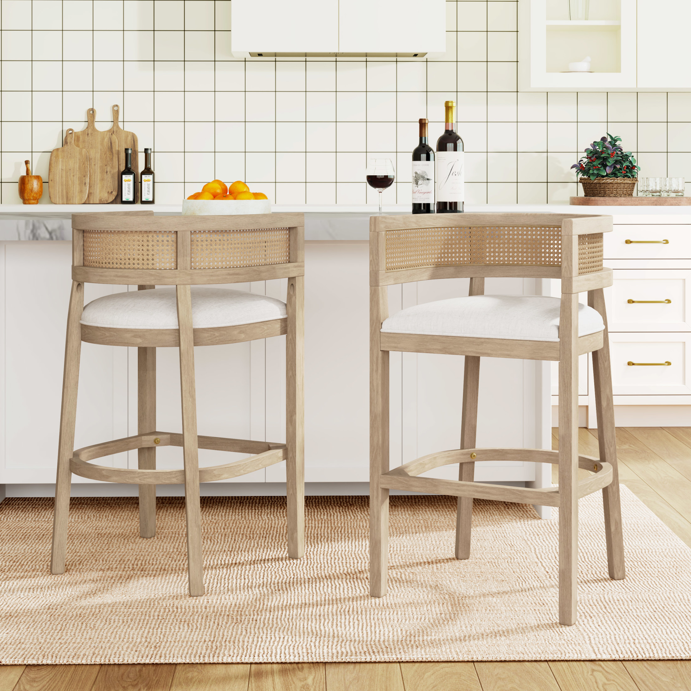 Nathan James Dahlia Counter Height Bar Stool - Boucle Upholstered With Back, Mid-Century Metal Legs, Light Cream