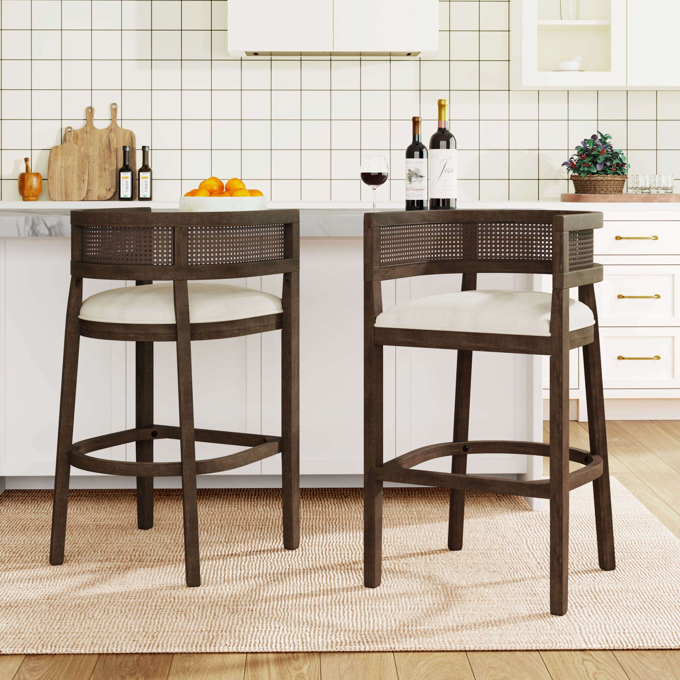 Christopher Knight Home 29.5" Upholstered Bar Stools, Wood Frame with Rattan Back, Walnut, Set of 2