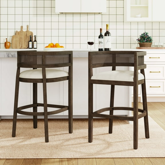 Christopher Knight Home 29.5" Upholstered Bar Stools, Wood Frame with Rattan Back, Walnut, Set of 2
