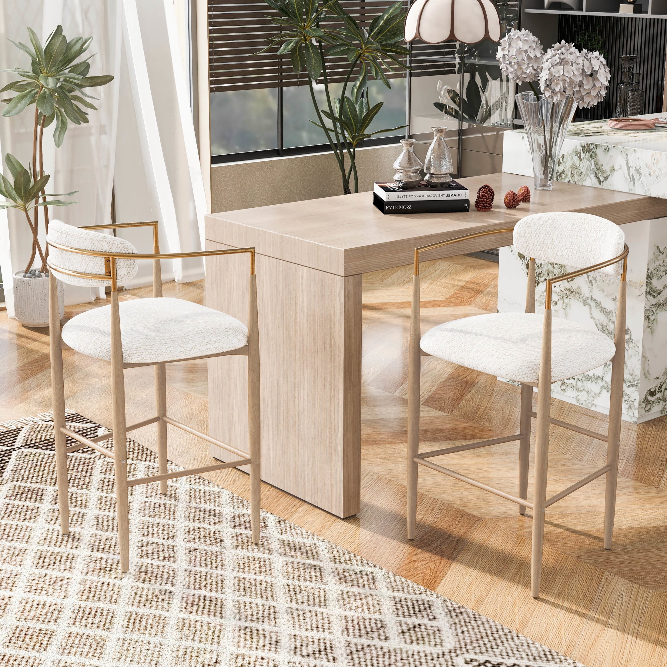 Christopher Knight Home 29.75" Modern Counter Height Bar Stools, Boucle Upholstery, Iron Frame, Sandy Beige, Set of 2