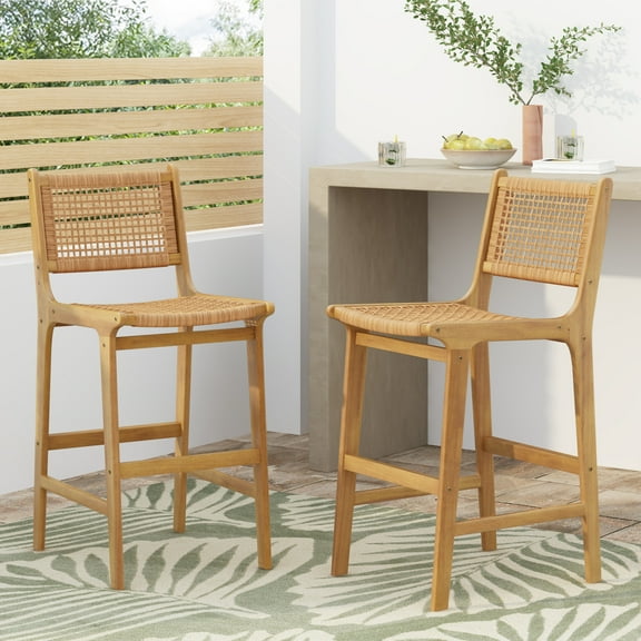 Christopher Knight Home 29.75" Outdoor Barstools, Wood Frame with Wicker Seating, Teak+Brown, Set of 2