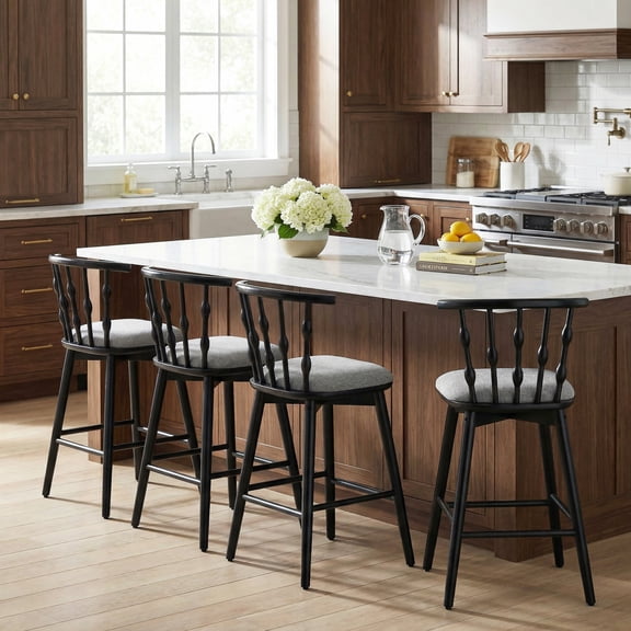 Christopher Knight Home 29" Bar Stools, Black Wood Frame with Hourglass Backrest, Gray Cushion, Set of 4