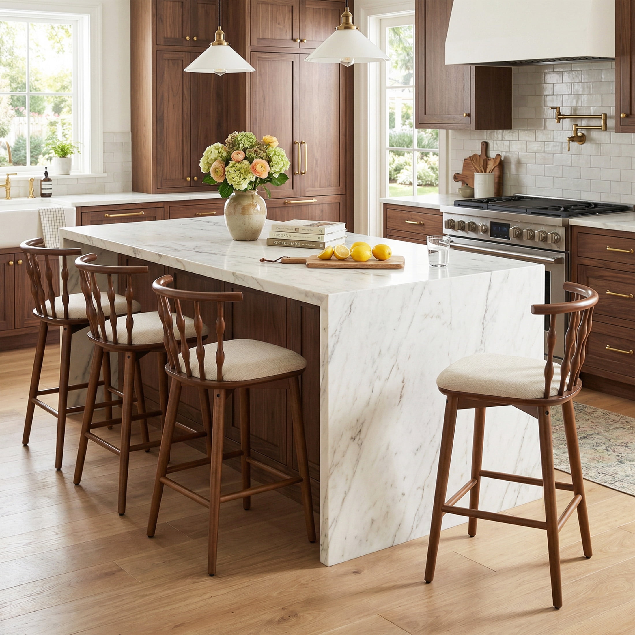 Christopher Knight Home 29" Bar Stools, Walnut Wood Frame with Hourglass Backrest, Beige Cushion, Set of 4