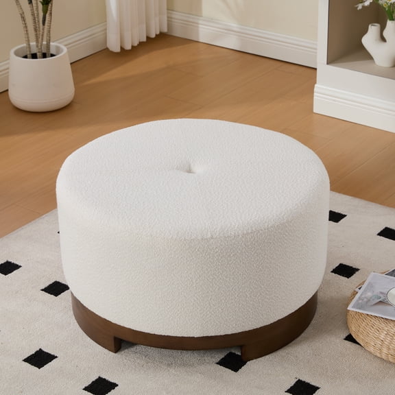Christopher Knight Home 29" Round Upholstered Ottoman, Solid Wood Base, Accent Footstool or Coffee Table, Beige