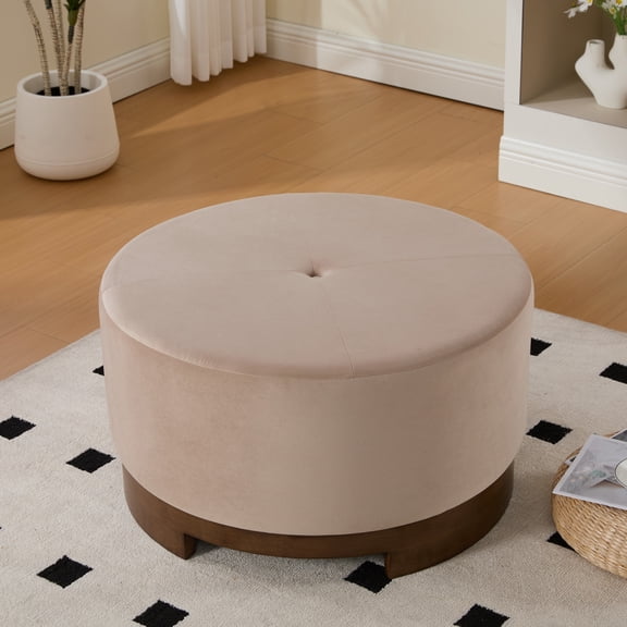 Christopher Knight Home 29" Round Upholstered Ottoman, Solid Wood Base, Accent Footstool or Coffee Table, Camel