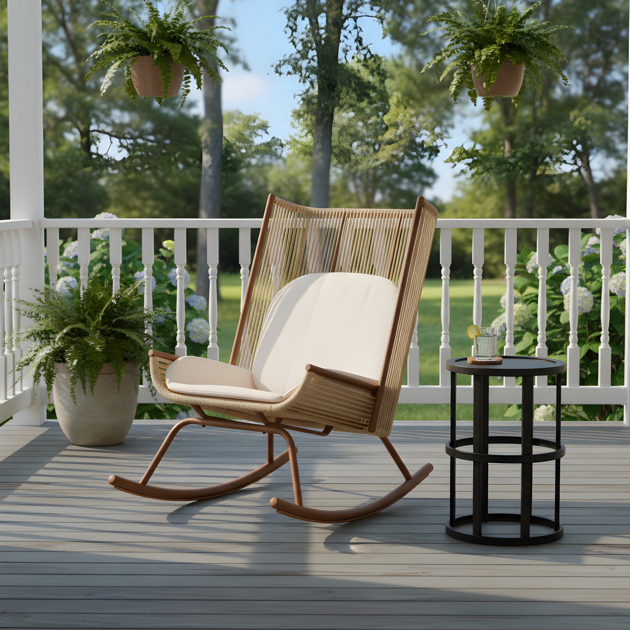 Christopher Knight Home 2PCS High Back Outdoor Rocking Chair with Cushion and 10.8" Side Table, Beige