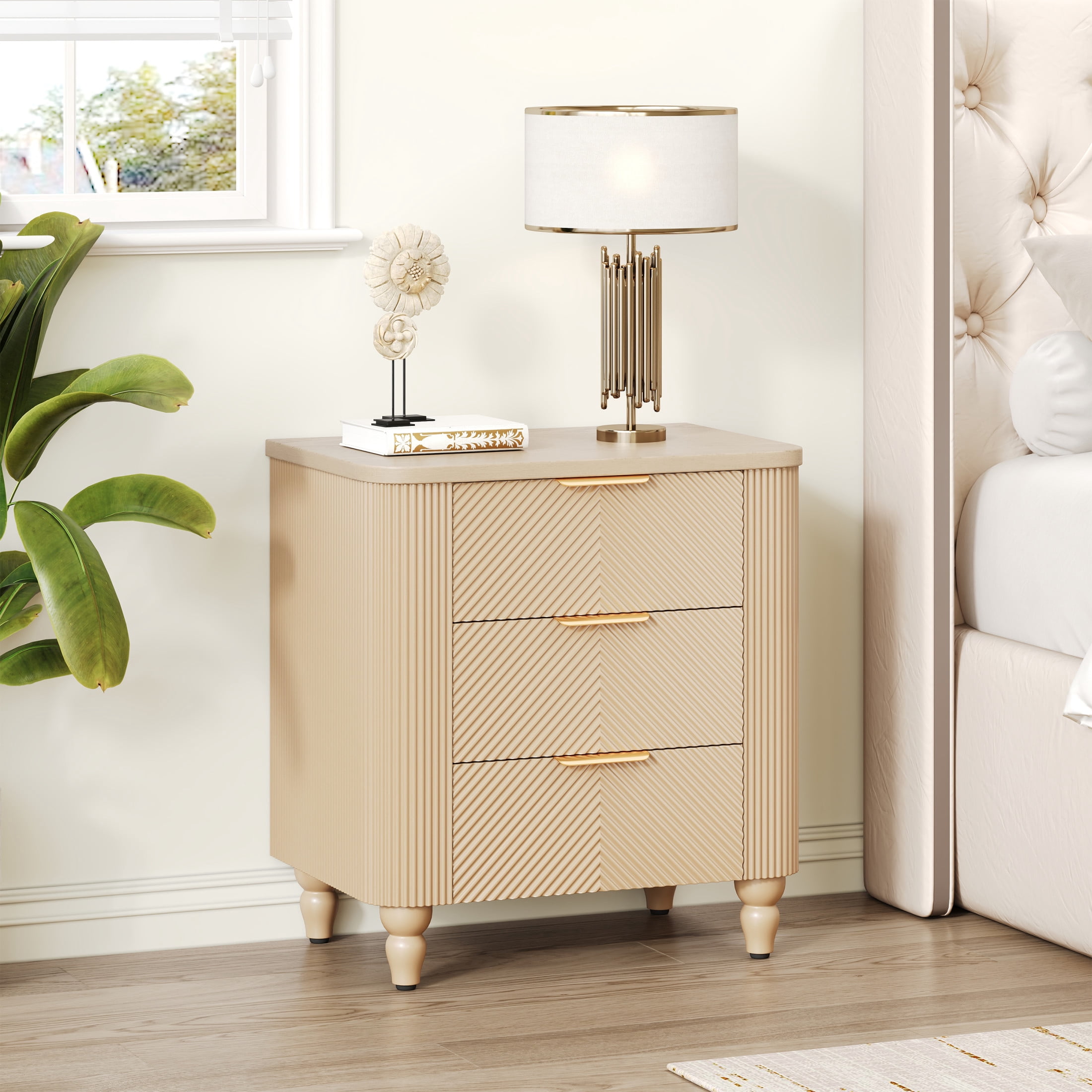 Christopher Knight Home 3-Drawer Nightstand, Bedside Table with Golden Handles & Gourd Legs, Champagne