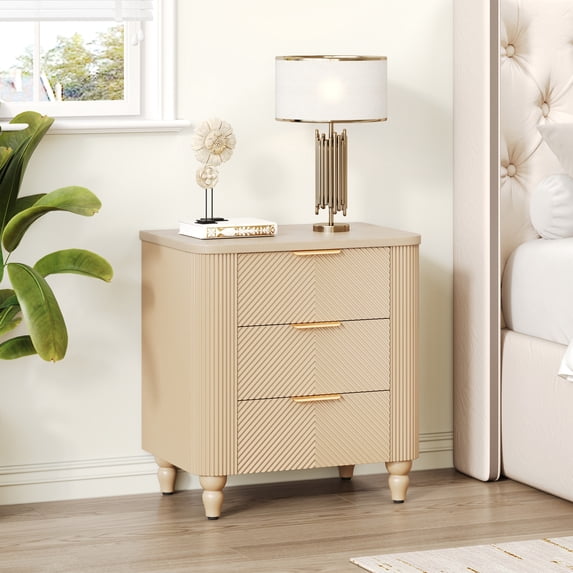 Christopher Knight Home 3-Drawer Nightstand, Bedside Table with Golden Handles & Gourd Legs, Champagne