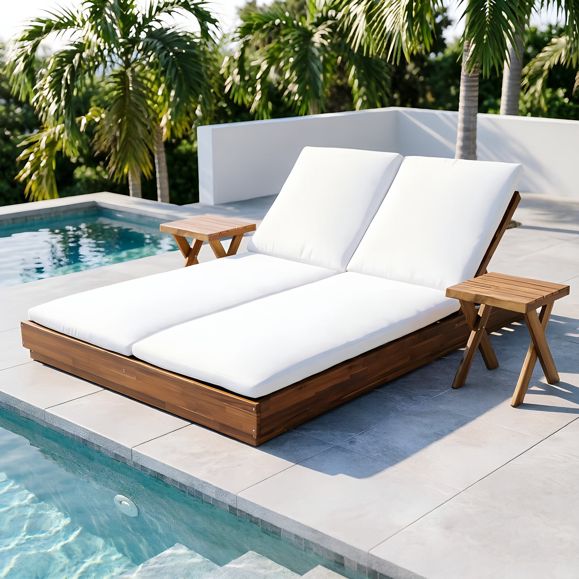 Christopher Knight Home 3-Piece Acacia Wood Adjustable Double Chaise Lounge with 18" Side Tables, Natural