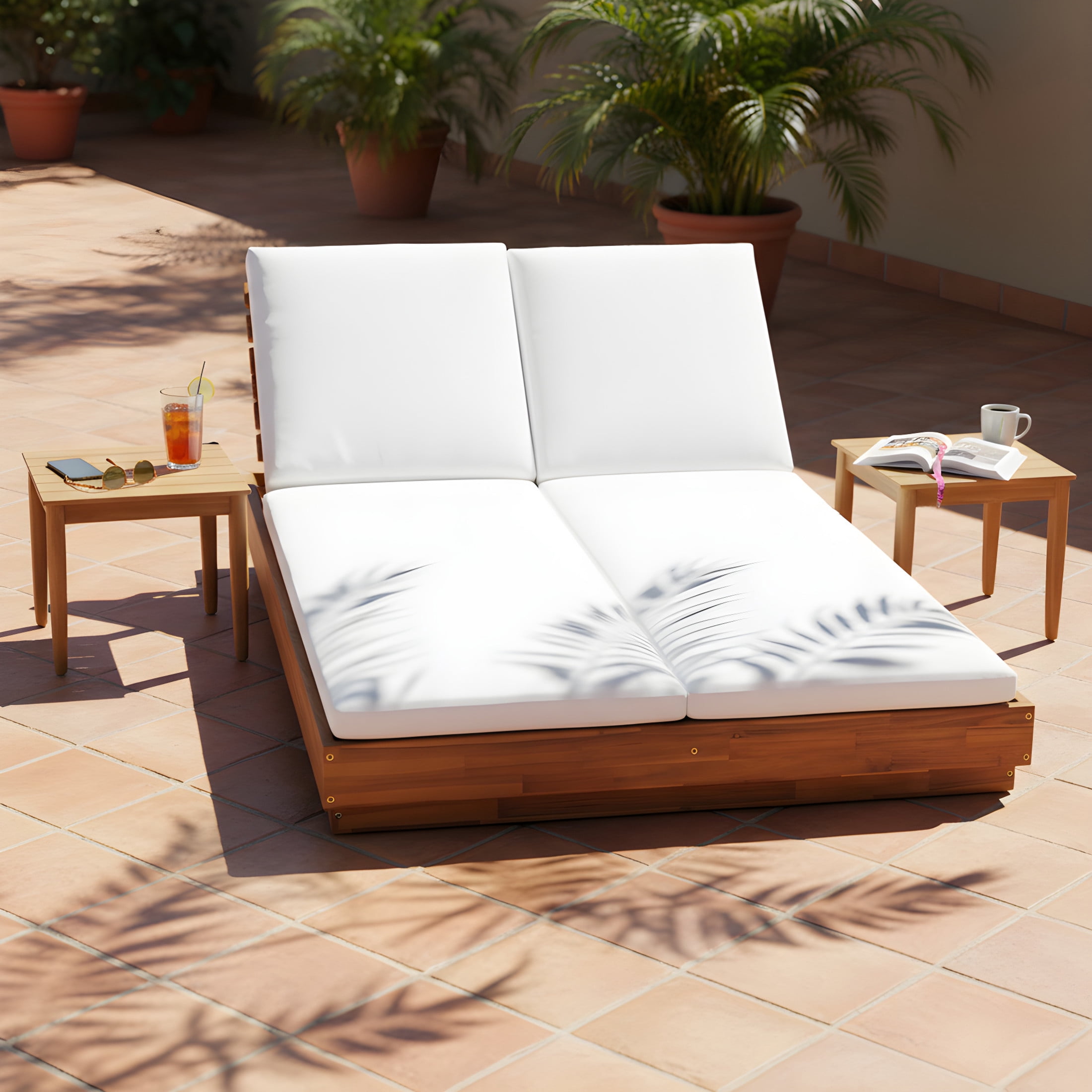 Christopher Knight Home 3-Piece Acacia Wood Adjustable Double Chaise Lounge with 20" Side Tables, Natural