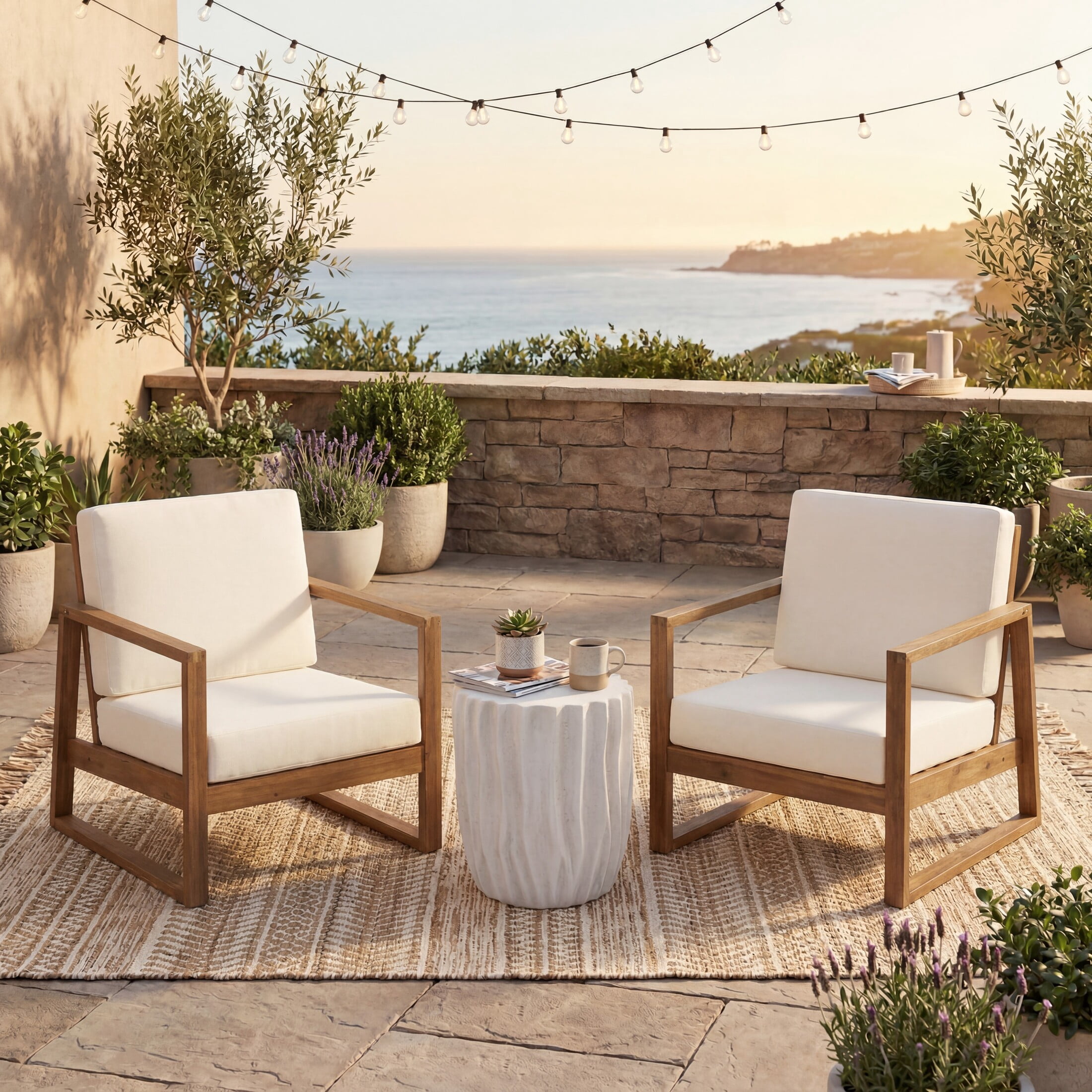 Christopher Knight Home 3-Piece Acacia Wood Club Chairs with Side Table Chat Set, Teak+Antique White