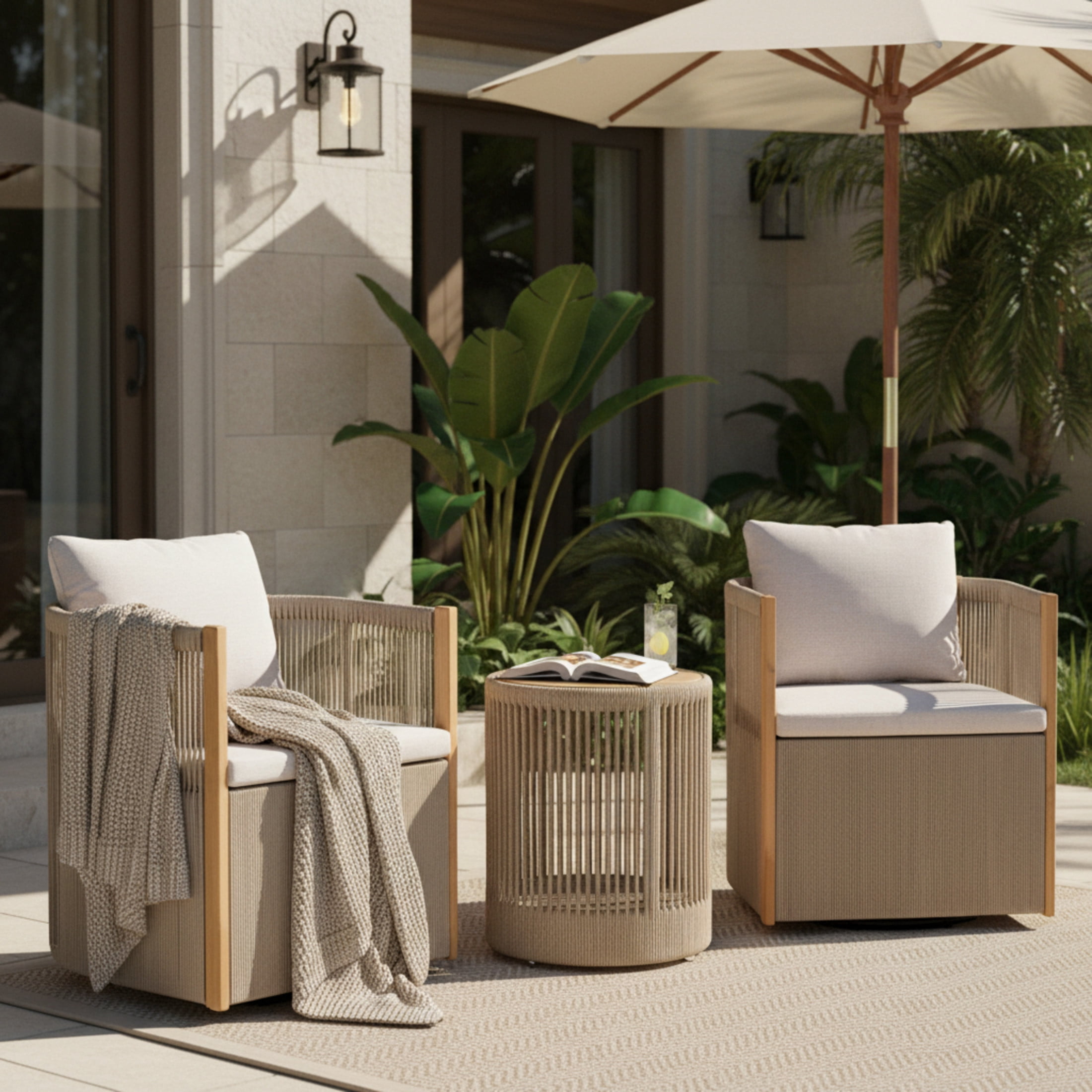 Christopher Knight Home 3 Piece Acacia Wood Outdoor 360° Swivel Chair and Side Table Set, Beige