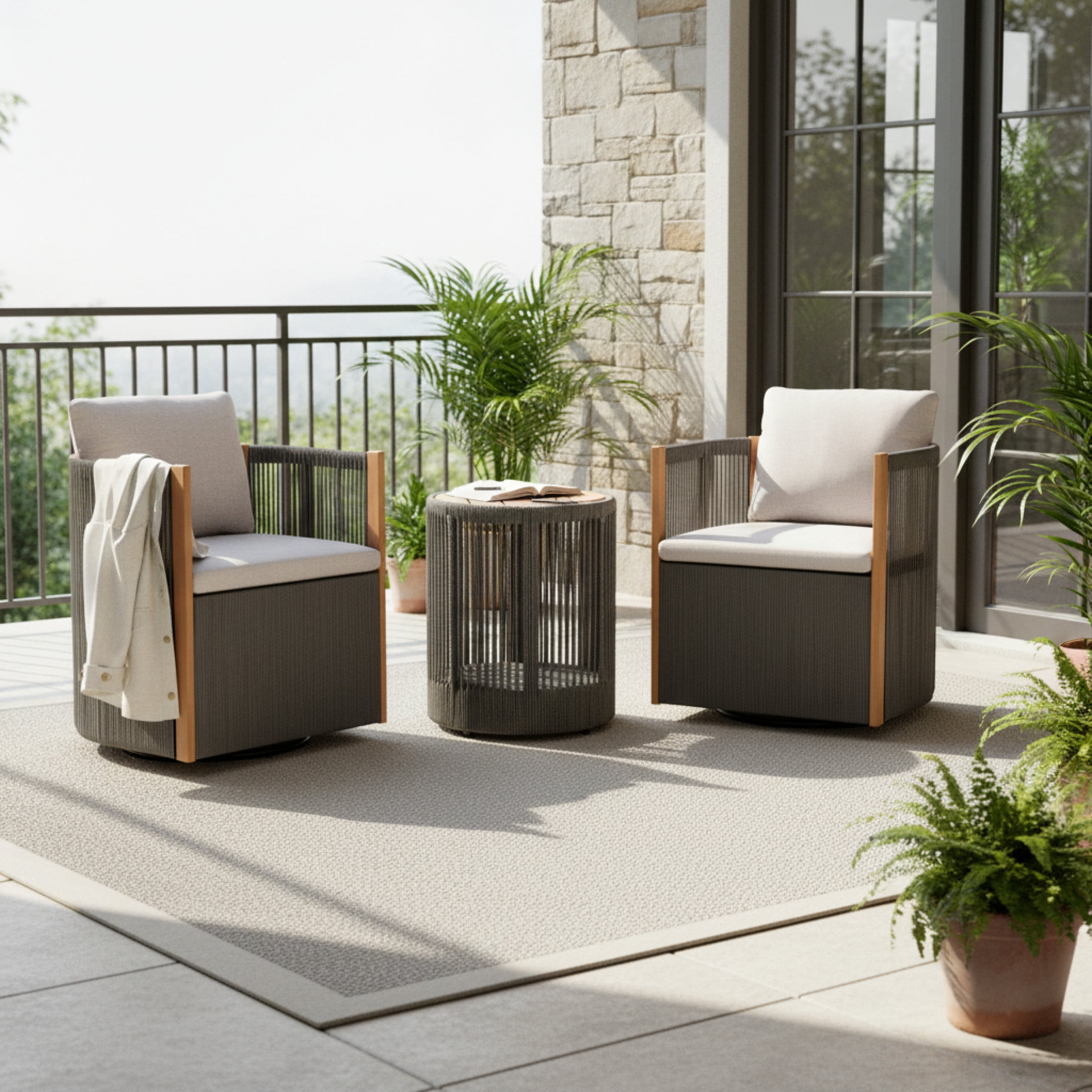Christopher Knight Home 3 Piece Acacia Wood Outdoor 360° Swivel Chair and Side Table Set, Gray