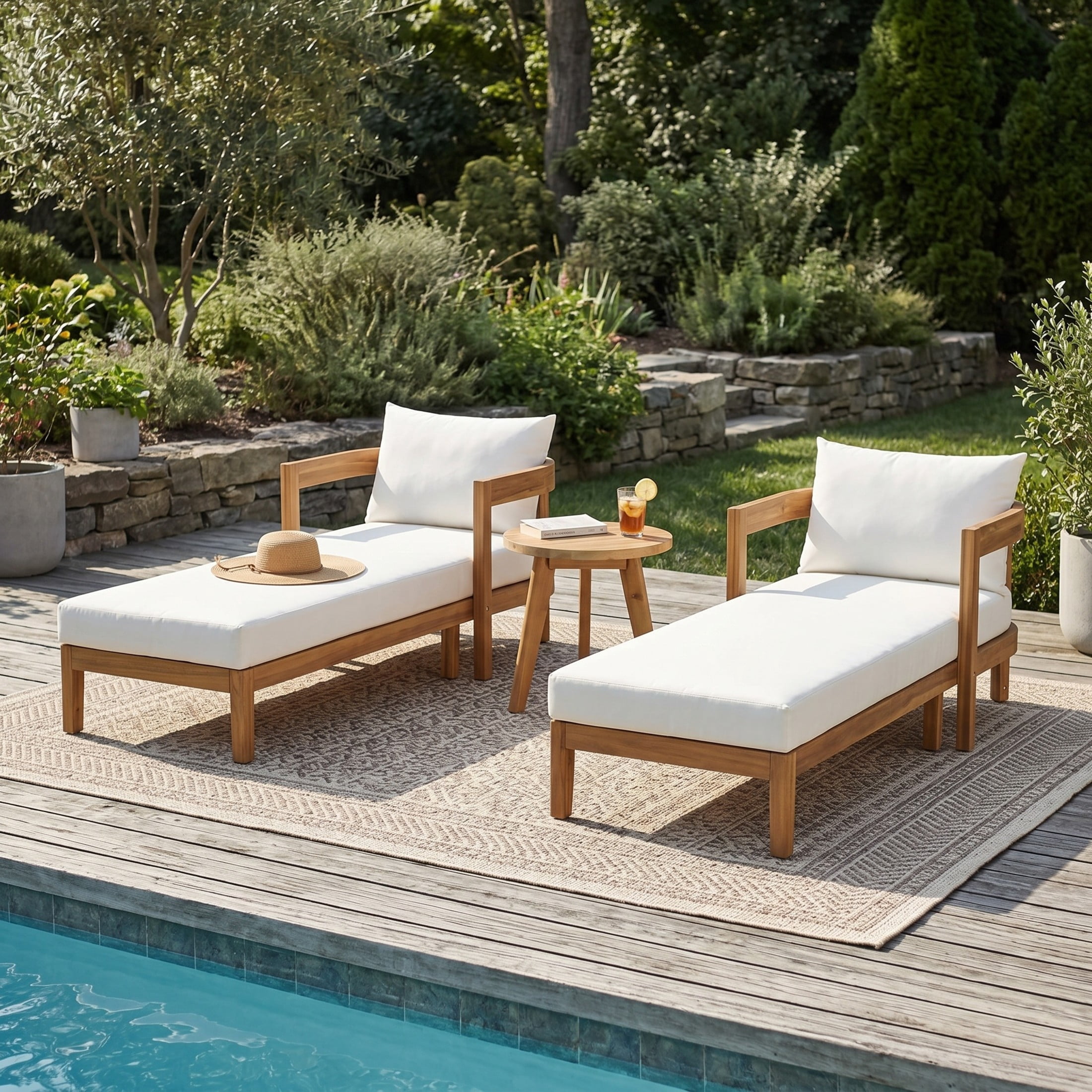 Christopher Knight Home 3-Piece Acacia Wood Outdoor Chaise Lounges Set with Side Table, Teak+Cream