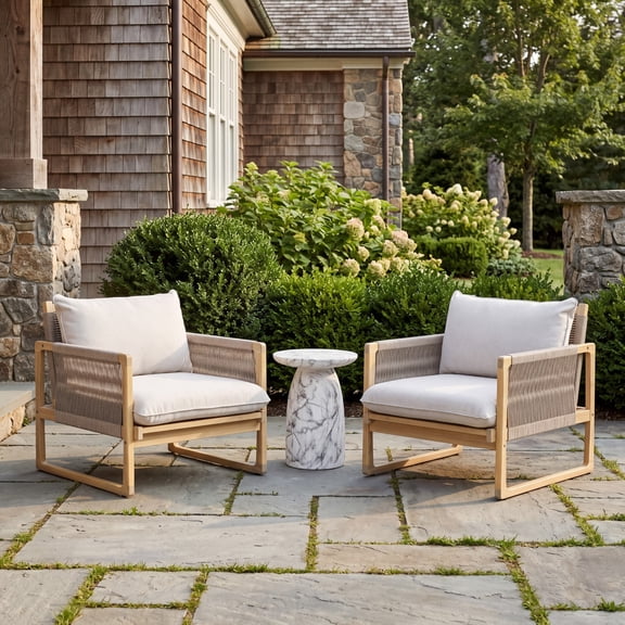 Christopher Knight Home 3-Piece Acacia Wood Patio Chat Set with Marble Side Table, Light Teak+Beige