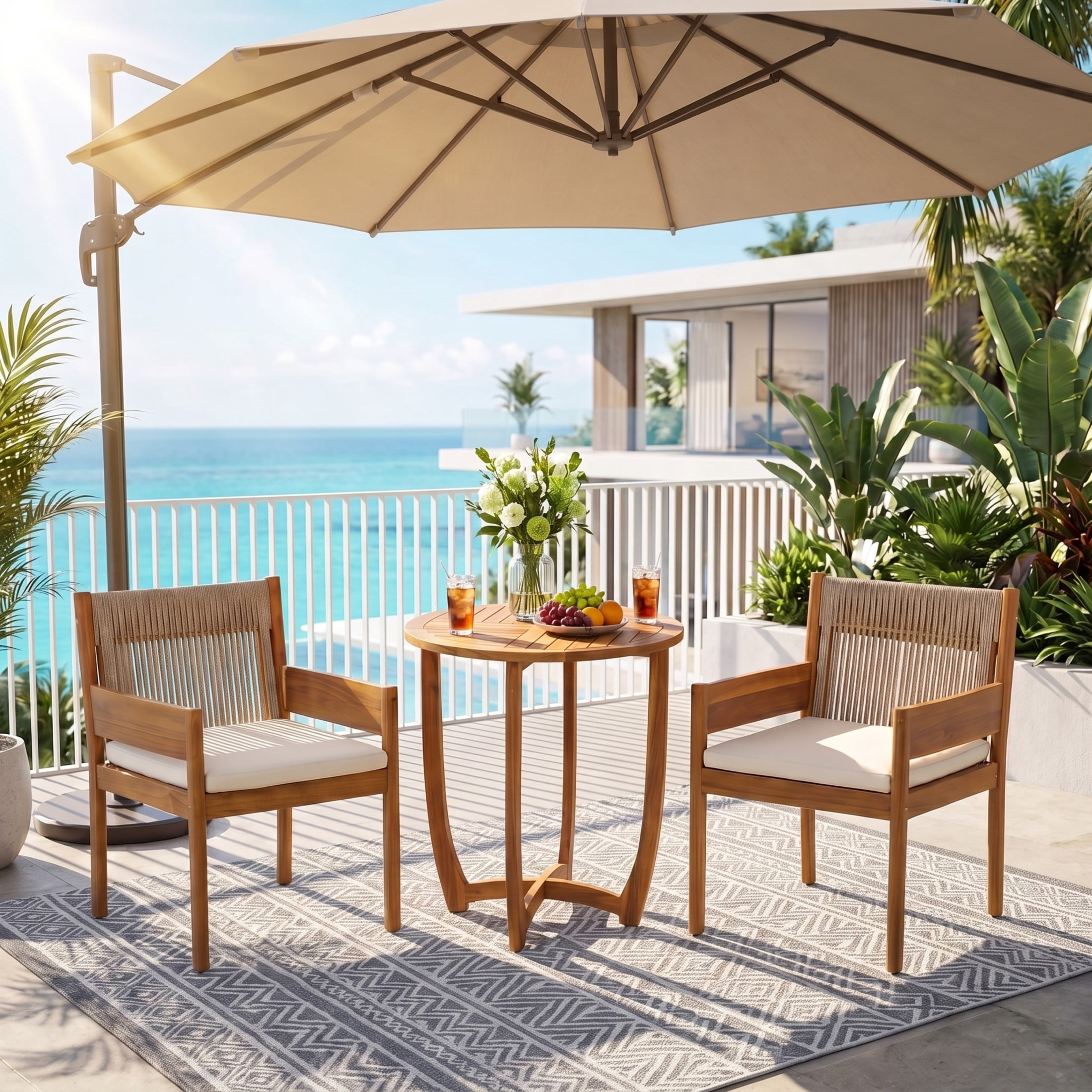 Christopher Knight Home 3-Piece Acacia Wood Patio Chat Set with Rope Chairs and Table, Teak+Beige