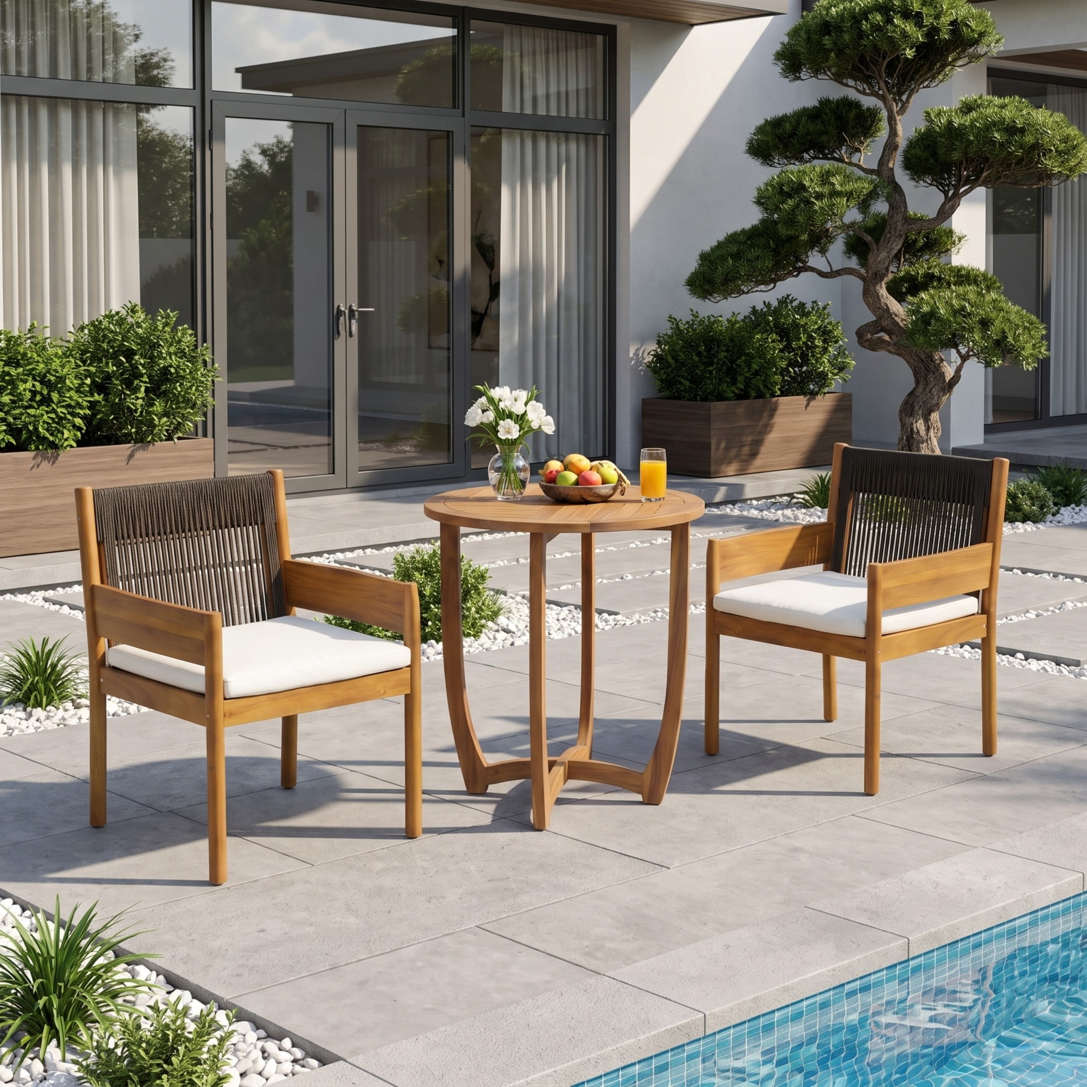 Christopher Knight Home 3-Piece Acacia Wood Patio Chat Set with Rope Chairs and Table, Teak+Black